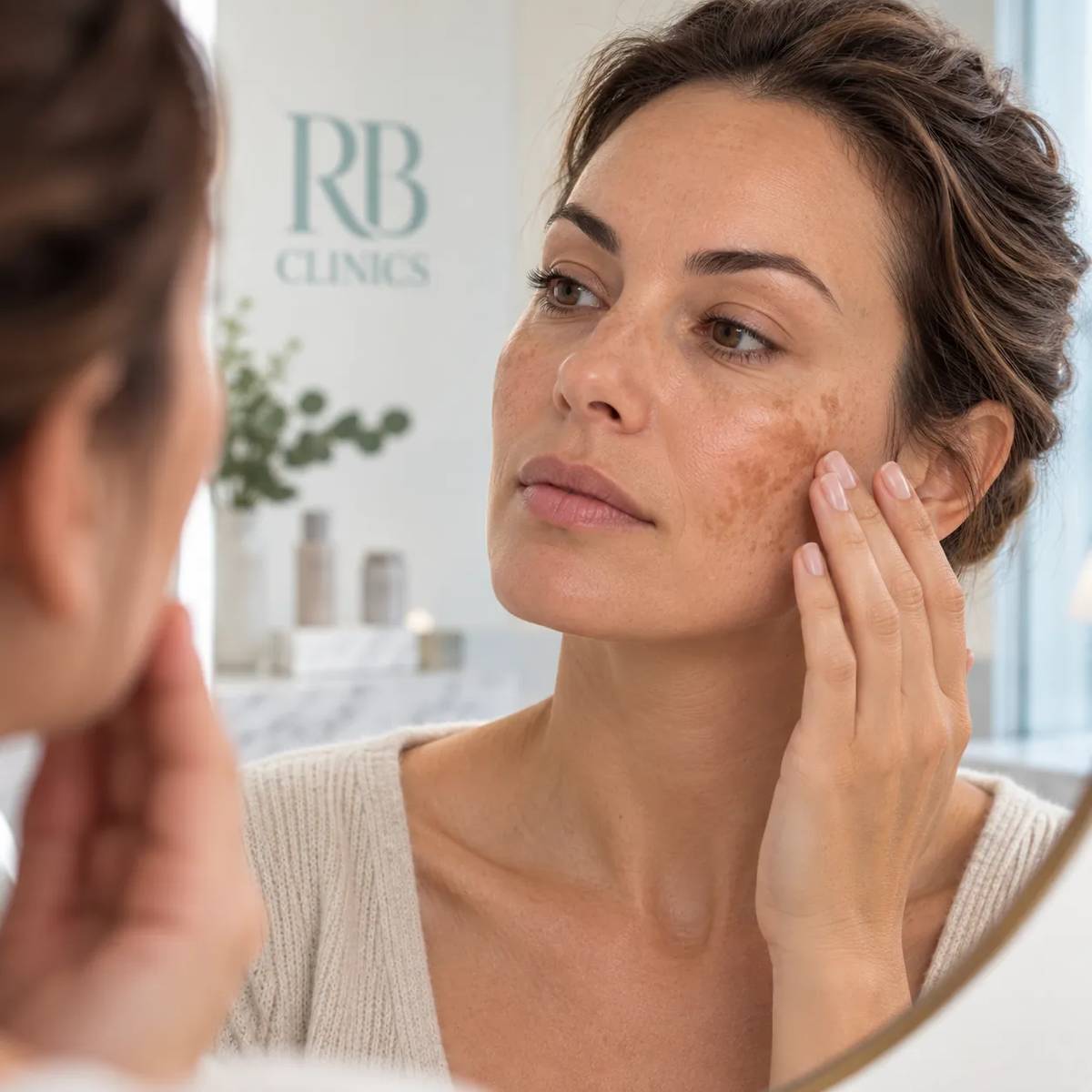 Cliënt bekijkt pigmentvlekken op haar wang in de spiegel bij RB Clinics