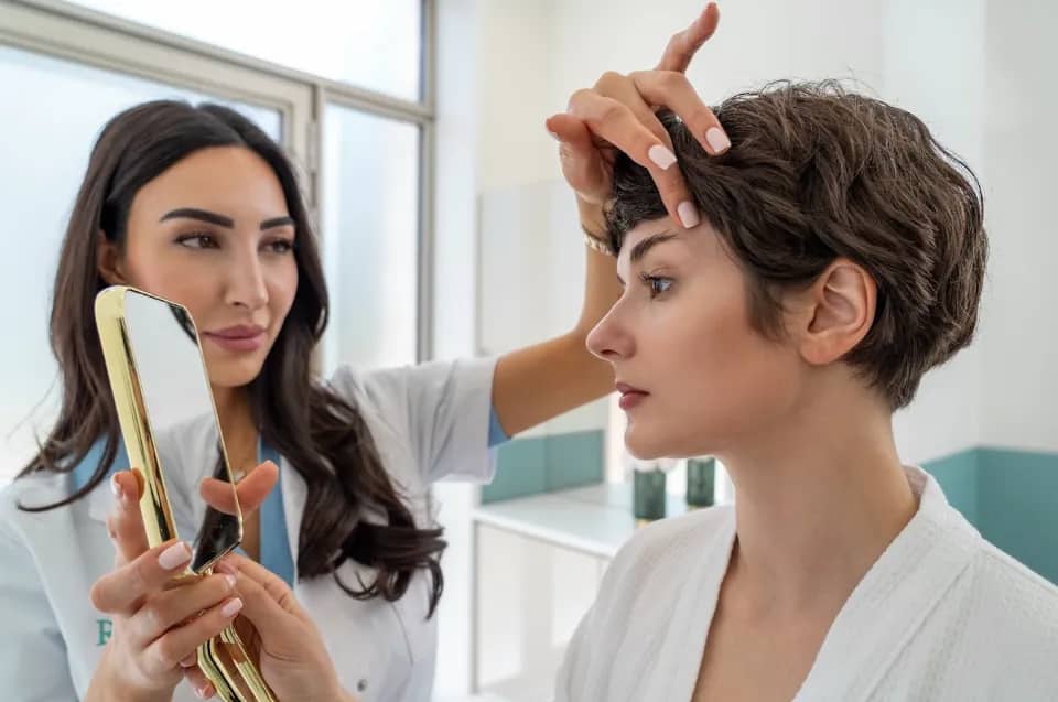 Specialist van RB Clinics bespreekt de huid van een cliënt met een spiegel