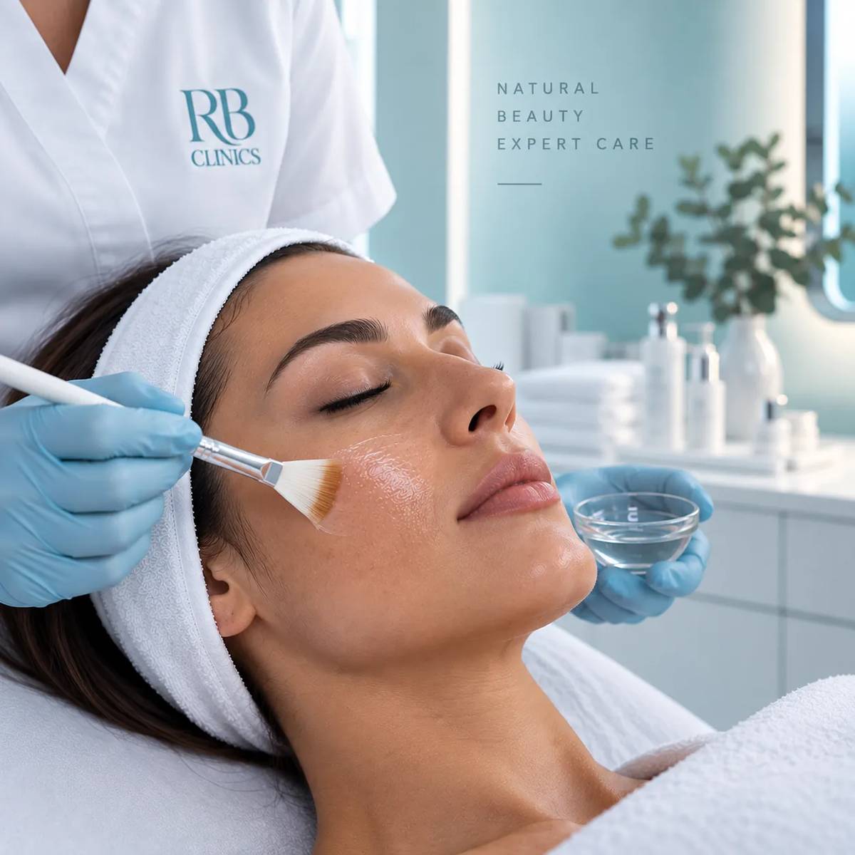Specialist brengt een peeling aan op de wang van een cliënt bij RB Clinics