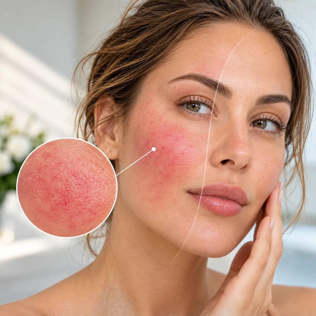 Close-up van een gevoelige huid met roodheid door rosacea