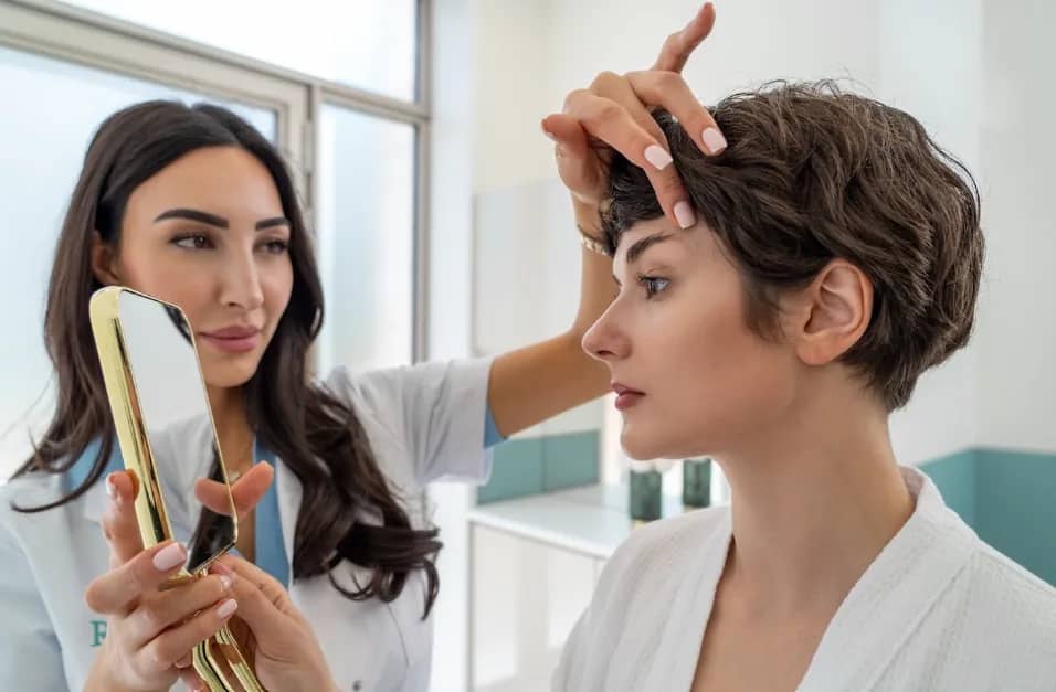 Specialist van RB Clinics analyseert de huid van een cliënt met een spiegel