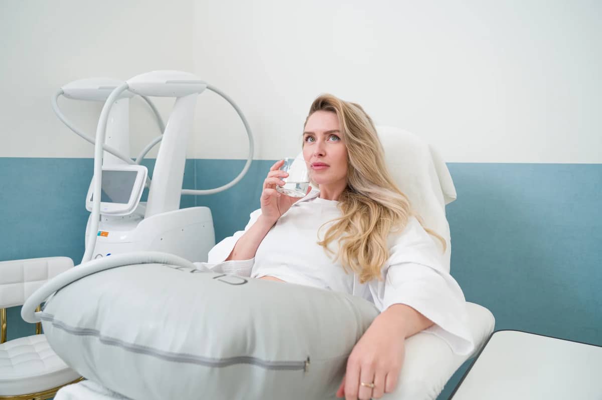 Client drinkt water tijdens de vet bevriezen behandeling van de buik
