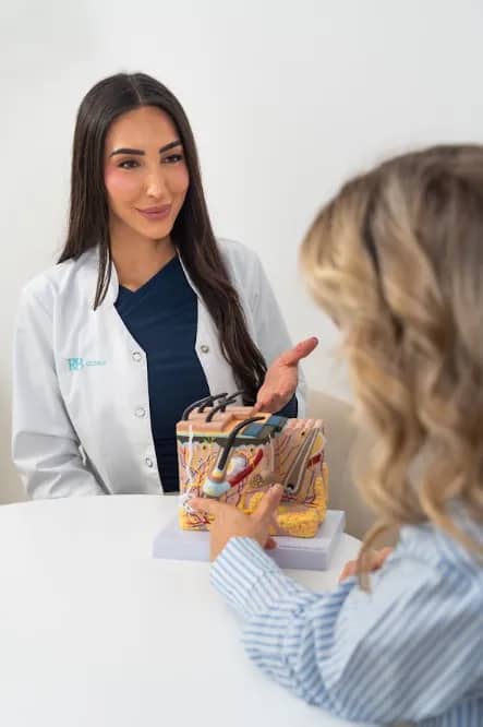 Specialist van RB Clinics legt de huidstructuur uit met een huidmodel tijdens een consult