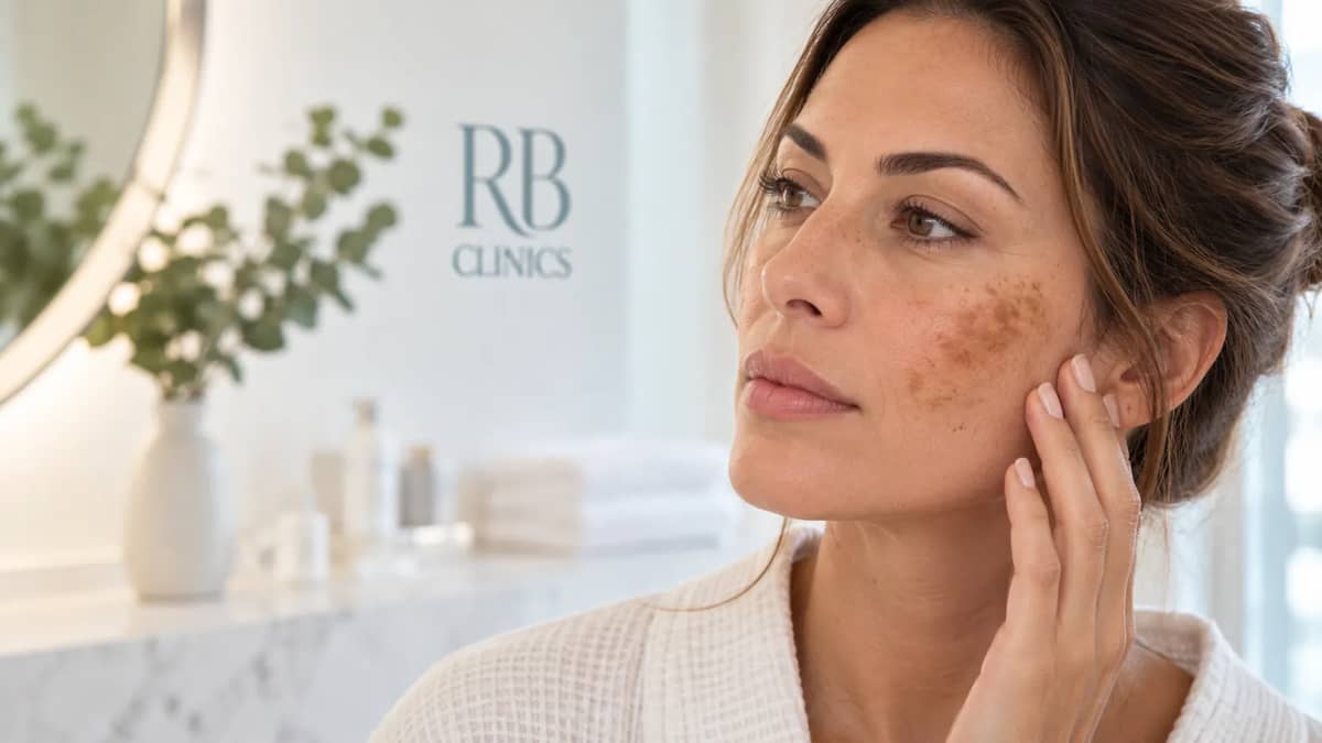 Cliënt met pigmentvlekken op de wang in de behandelruimte van RB Clinics